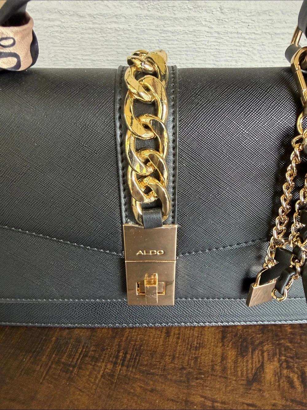 ALDO Black Satchel with Gold Chain and Charm Detail